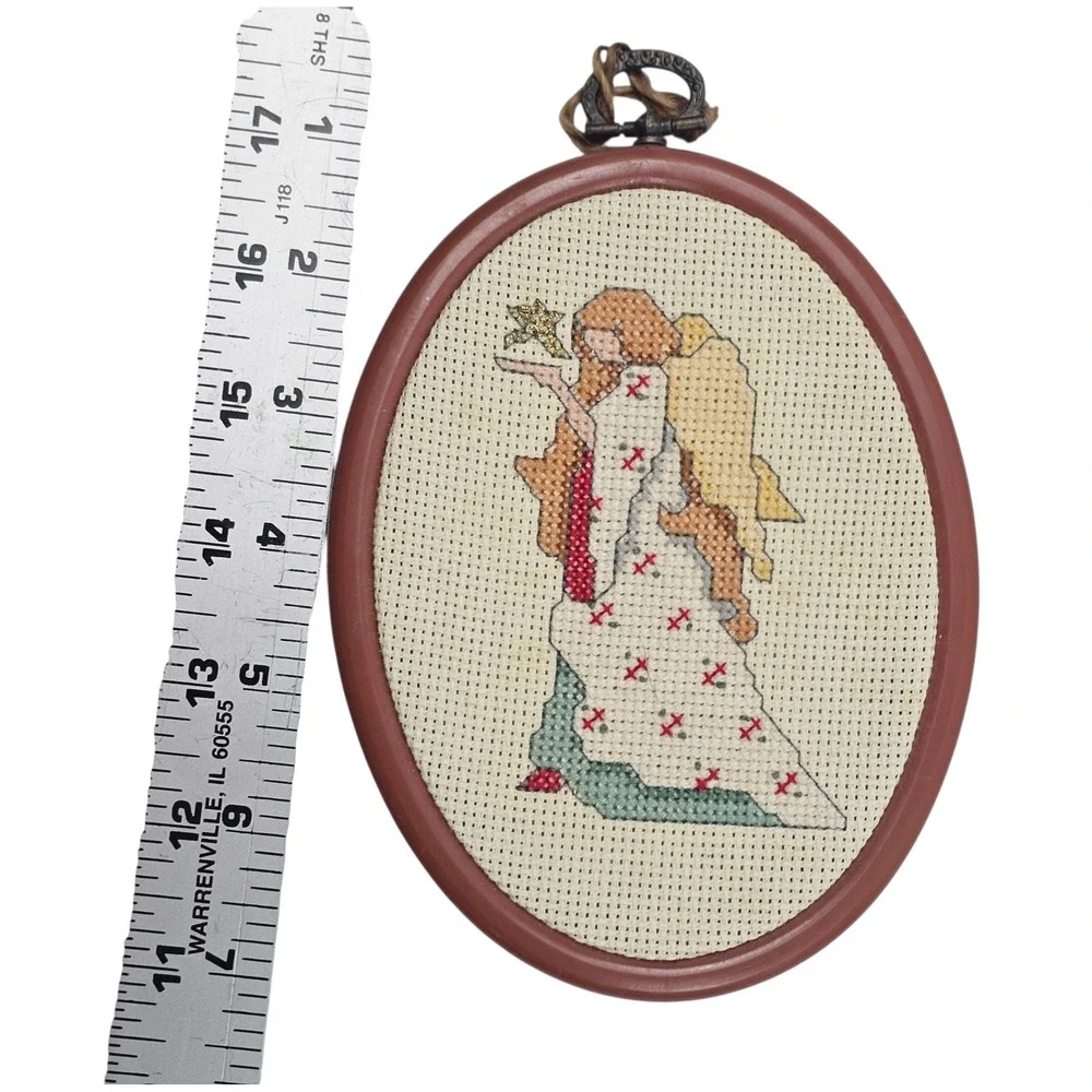 Vtg Handcrafted Angel Cross Stitch Oval Framed Ornaments Set of 2 Green Brown